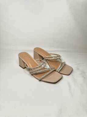 Beige Rhinestone Strappy Block Kitten Heel Sandals